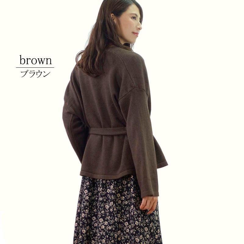 ニット カーディガン レディース 羽織り 長袖 ノーカラー ベルト付き 前開き ショートガウン カシュクール |  | 03