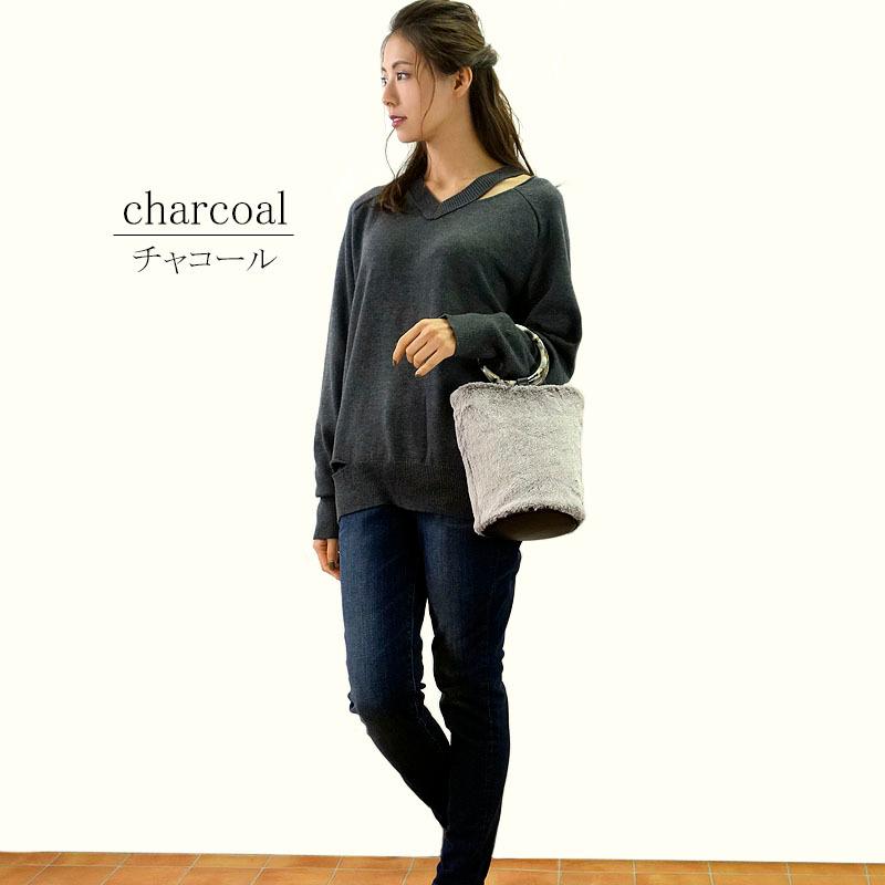 Vネックニット トップス レディース 長袖 セーター 肩開き 無地 ラグラン 上質 きれいめ カジュアル デコルテ見せ |  | 13