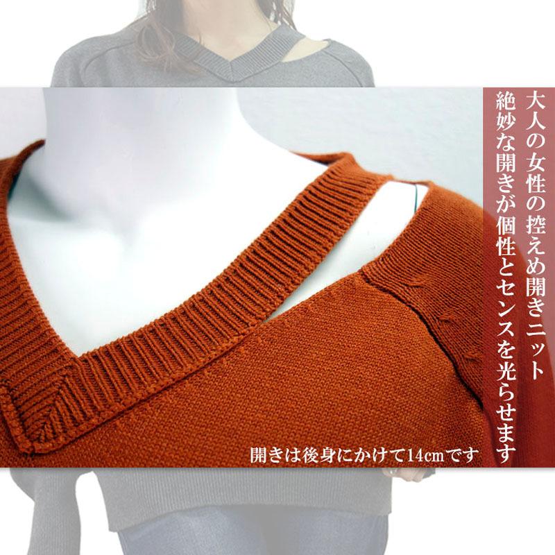 Vネックニット トップス レディース 長袖 セーター 肩開き 無地 ラグラン 上質 きれいめ カジュアル デコルテ見せ |  | 14
