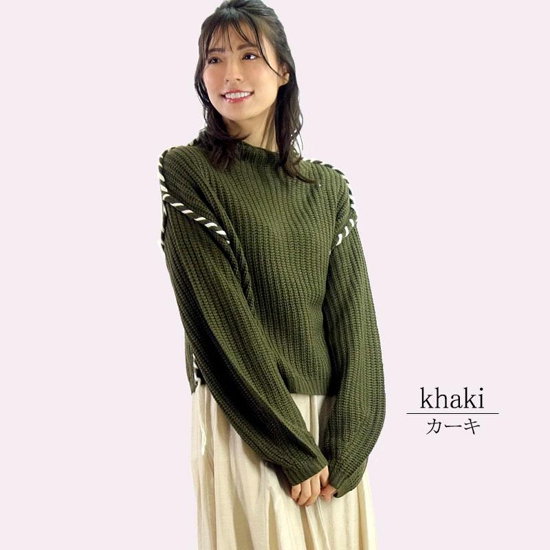 ニット トップス レディース 長袖 ハンドステッチ ポワン袖 ボトルネック ボリューム袖 フリンジ カジュアル セーター |  | 01