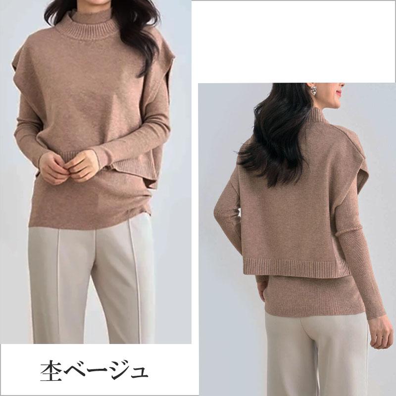 アンサンブルニット レディース ポンチョ ケープ クロップドニット 2way ベスト ハイネック クルーネック セーター 長袖 |  | 02