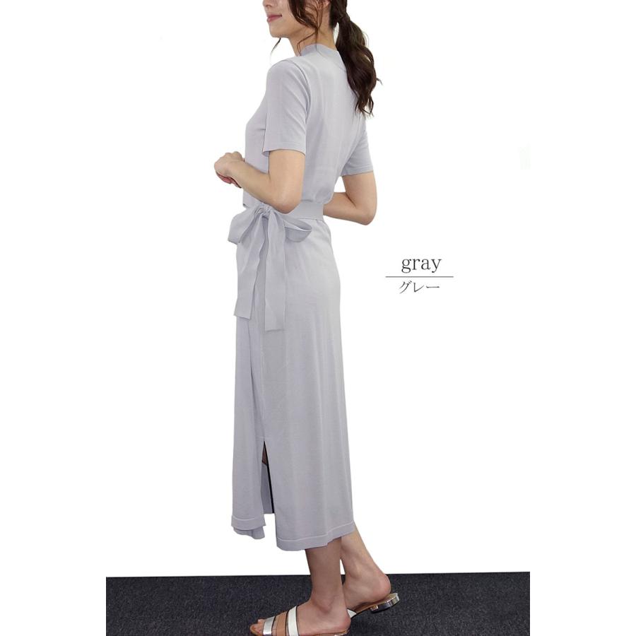 ニットワンピース レディース ロング 半袖 リボン ミモレ ラップ ハイゲージ タイト 上品 きれいめ 高見え |  | 02