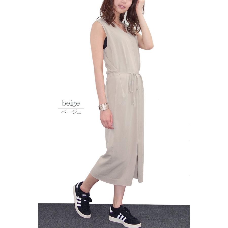 Vネック ニットワンピース レディース ノースリーブ ドロスト ミモレ丈 クールカジュアル スリット 高見え |  | 02