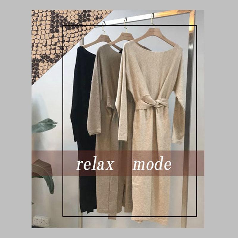 ニットワンピース レディース ロング スリット リボン ドレープ しわになりにく ハイゲージ 杢 上質 高見え |  | 01