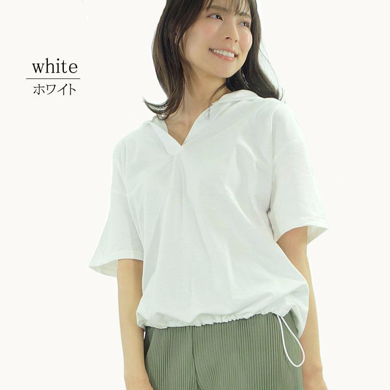 プルオーバー 五分袖パーカー レディース トップス フード ドロップショルダー ドロスト 大きめ 二の腕カバー |  | 01