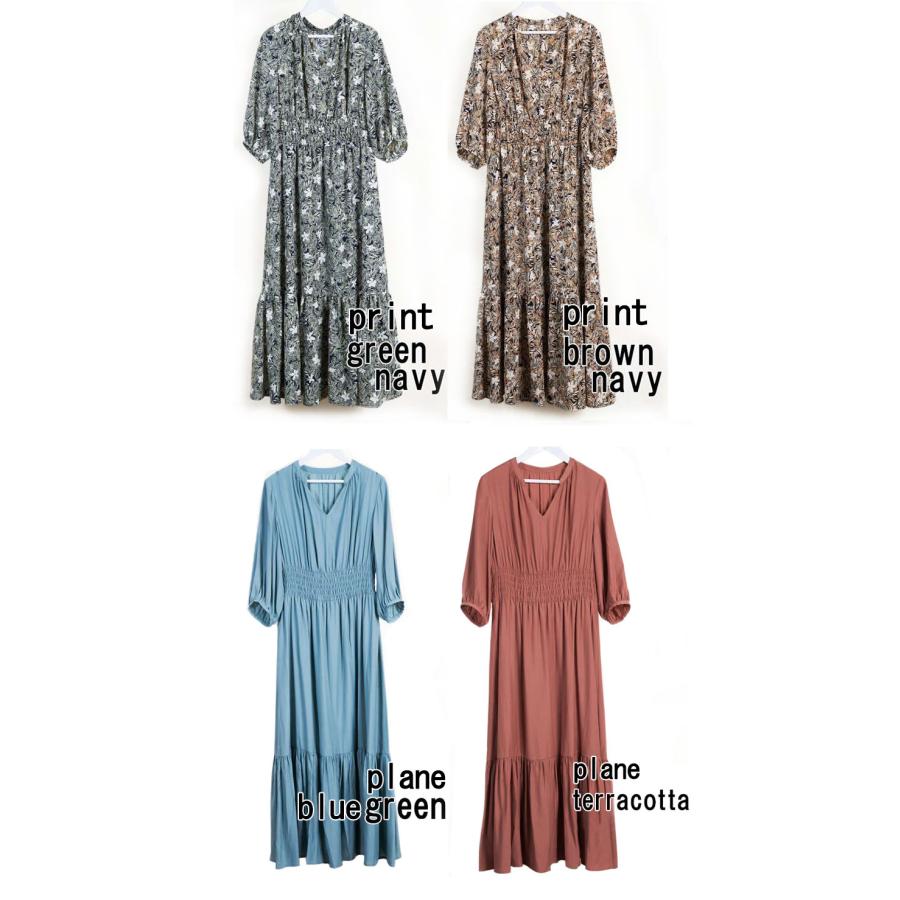 ロングワンピース 花柄 ティアード きれいめ 無地 上品 マキシ 七分袖 ウエストマーク 脚長効果 プリント 高見え |  | 19