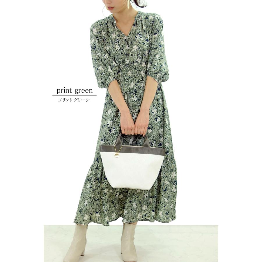 ロングワンピース 花柄 ティアード きれいめ 無地 上品 マキシ 七分袖 ウエストマーク 脚長効果 プリント 高見え |  | 06