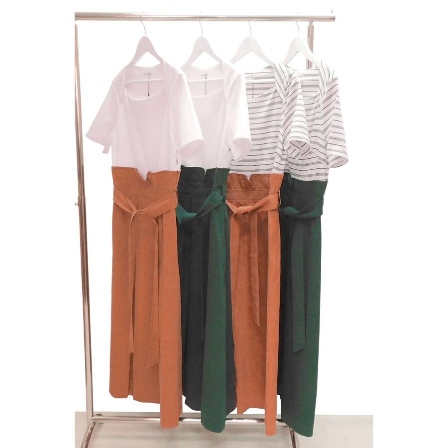 ドッキングワンピース レディース ロング 半袖 きれいめ 異素材 ウエストマーク スタイルアップ ボーダー dress |  | 19