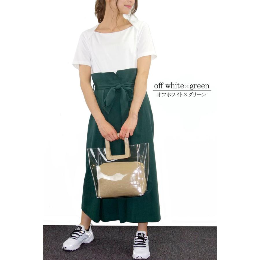 ドッキングワンピース レディース ロング 半袖 きれいめ 異素材 ウエストマーク スタイルアップ ボーダー dress |  | 04