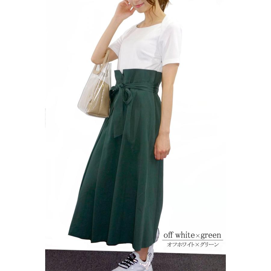 ドッキングワンピース レディース ロング 半袖 きれいめ 異素材 ウエストマーク スタイルアップ ボーダー dress |  | 05