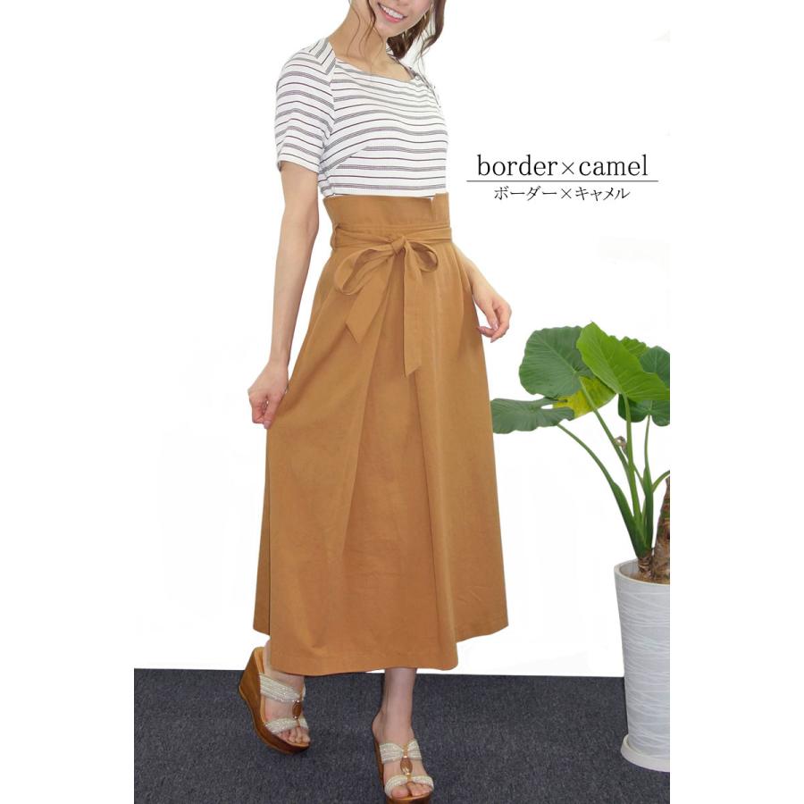 ドッキングワンピース レディース ロング 半袖 きれいめ 異素材 ウエストマーク スタイルアップ ボーダー dress |  | 07