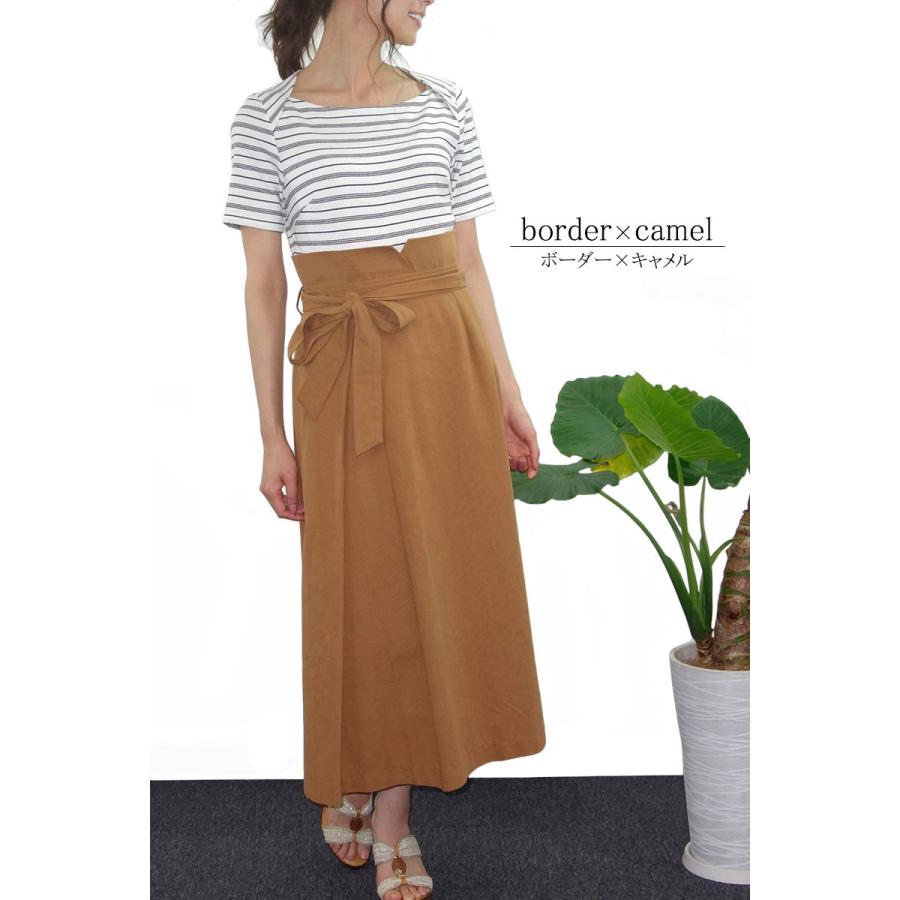 ドッキングワンピース レディース ロング 半袖 きれいめ 異素材 ウエストマーク スタイルアップ ボーダー dress |  | 09