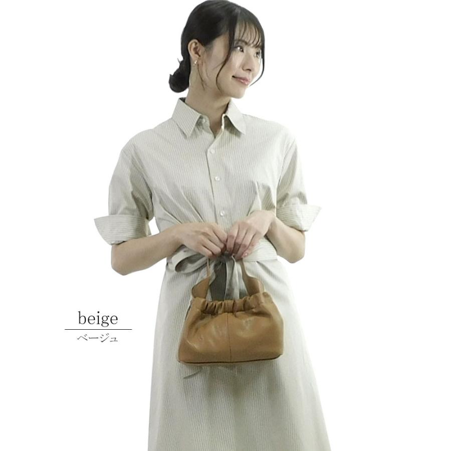 ストライプ ワンピース レディース ロング 七分袖 上品 シャツワンピース ウエストリボン きれいめ しわになりにくい dress |  | 04