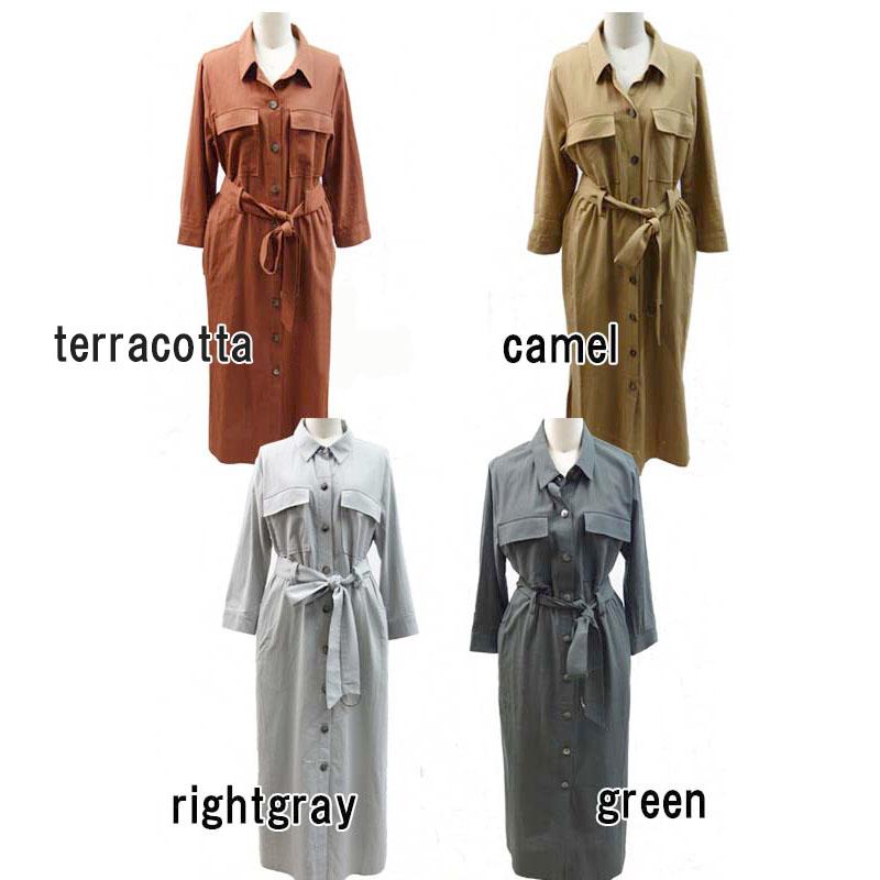 シャツワンピース レディース ロング 2WAY 七分袖 ベルテッド ミリタリー 羽織り ベルト付き リネンライク |  | 15
