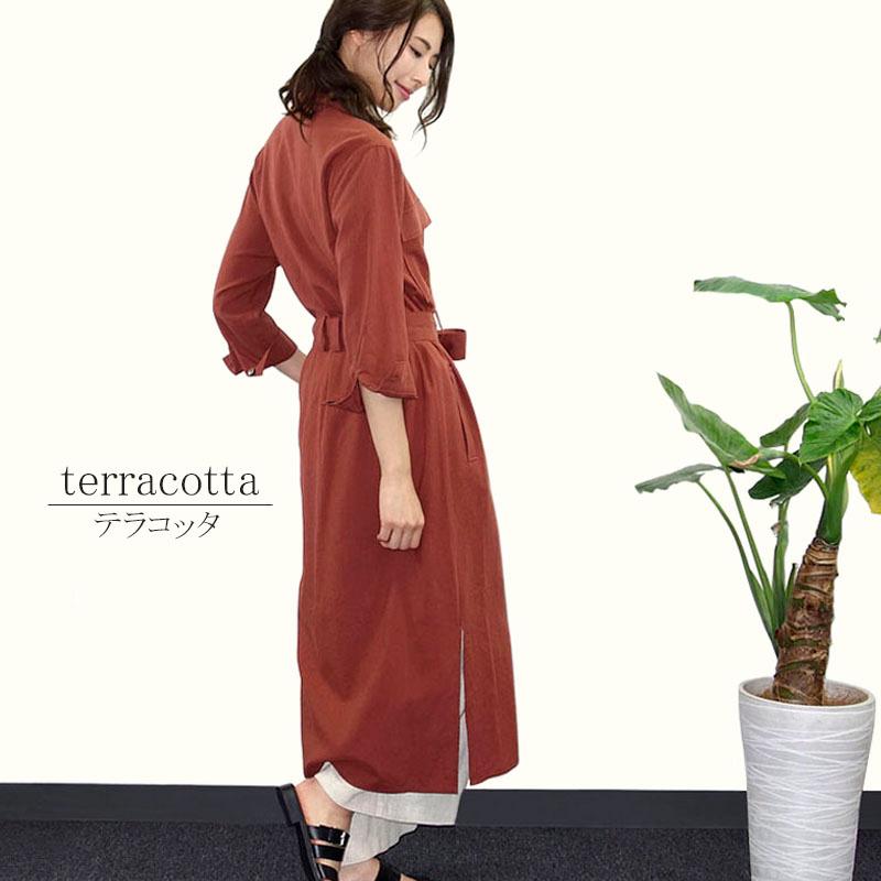 シャツワンピース レディース ロング 2WAY 七分袖 ベルテッド ミリタリー 羽織り ベルト付き リネンライク |  | 02