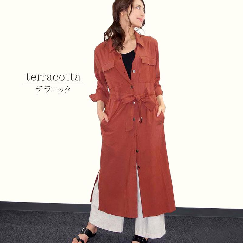 シャツワンピース レディース ロング 2WAY 七分袖 ベルテッド ミリタリー 羽織り ベルト付き リネンライク |  | 03