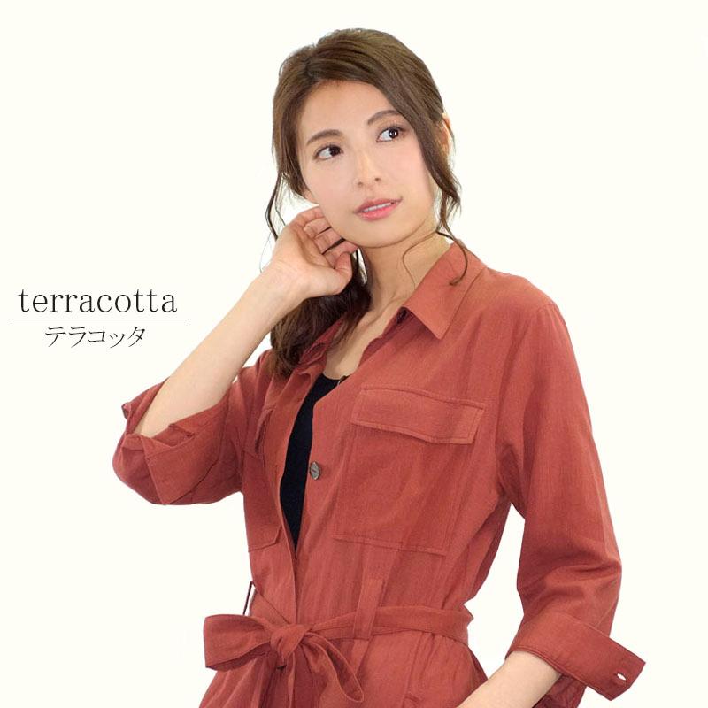 シャツワンピース レディース ロング 2WAY 七分袖 ベルテッド ミリタリー 羽織り ベルト付き リネンライク |  | 04