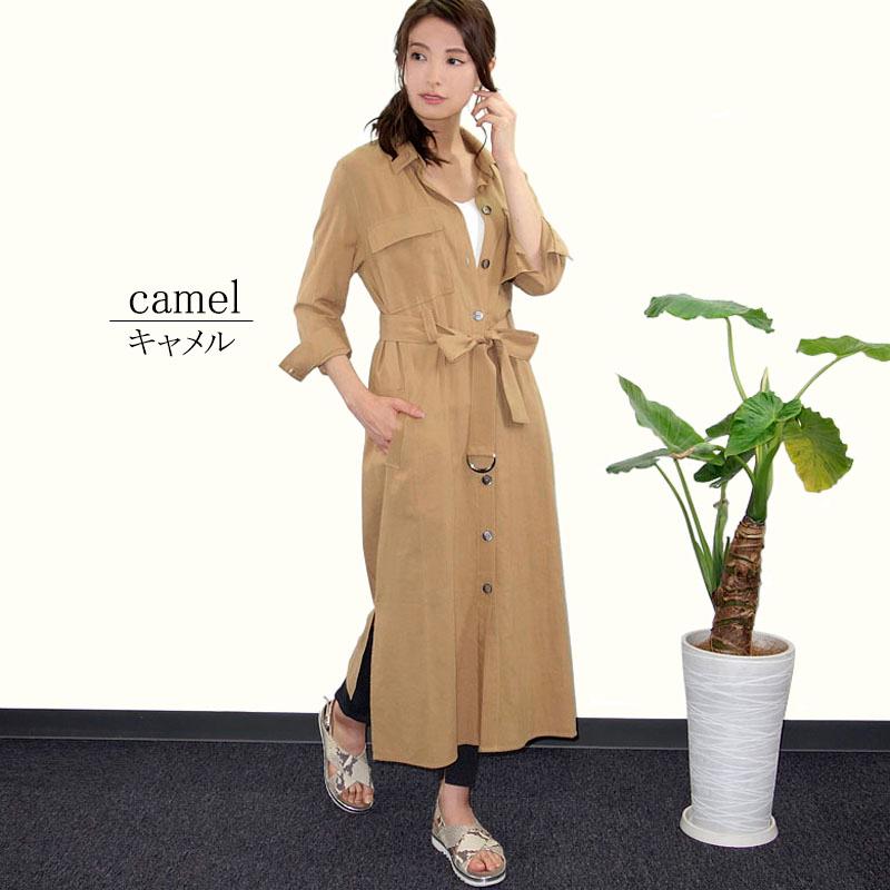 シャツワンピース レディース ロング 2WAY 七分袖 ベルテッド ミリタリー 羽織り ベルト付き リネンライク |  | 06