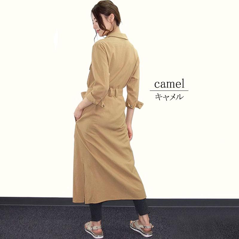 シャツワンピース レディース ロング 2WAY 七分袖 ベルテッド ミリタリー 羽織り ベルト付き リネンライク |  | 07