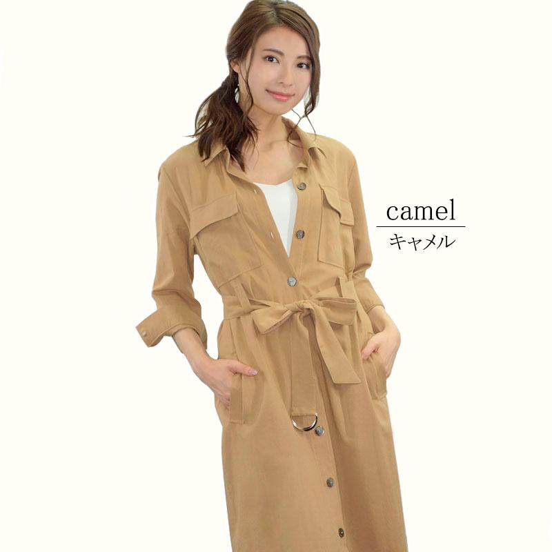 シャツワンピース レディース ロング 2WAY 七分袖 ベルテッド ミリタリー 羽織り ベルト付き リネンライク |  | 09