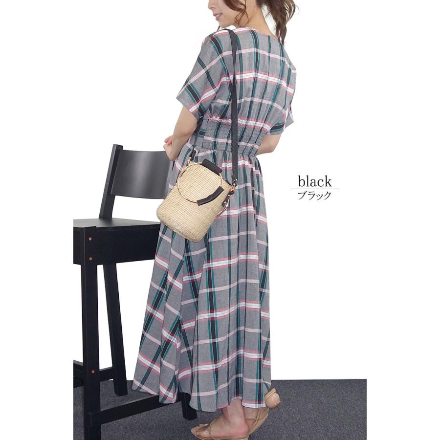 チェック ワンピース レディース ロング 半袖 カシュクール ドルマンスリーブ 上品 きれいめ 高見え dress |  | 10