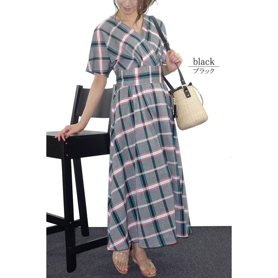 チェック ワンピース レディース ロング 半袖 カシュクール ドルマンスリーブ 上品 きれいめ 高見え dress |  | 11