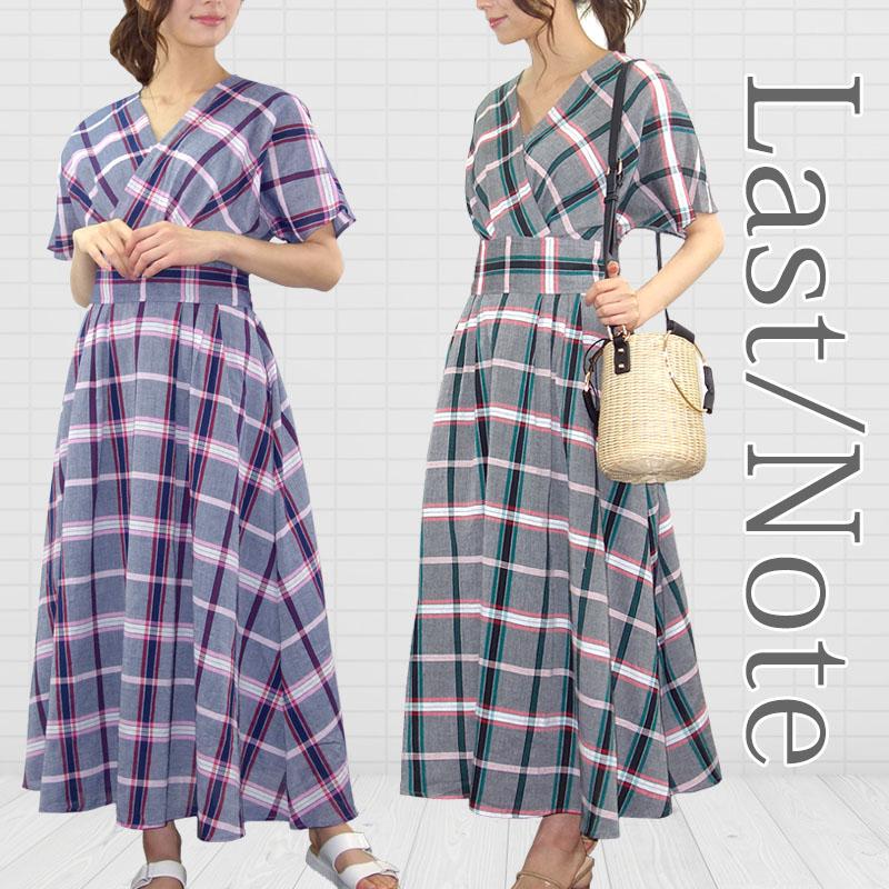 チェック ワンピース レディース ロング 半袖 カシュクール ドルマンスリーブ 上品 きれいめ 高見え dress |  | 14