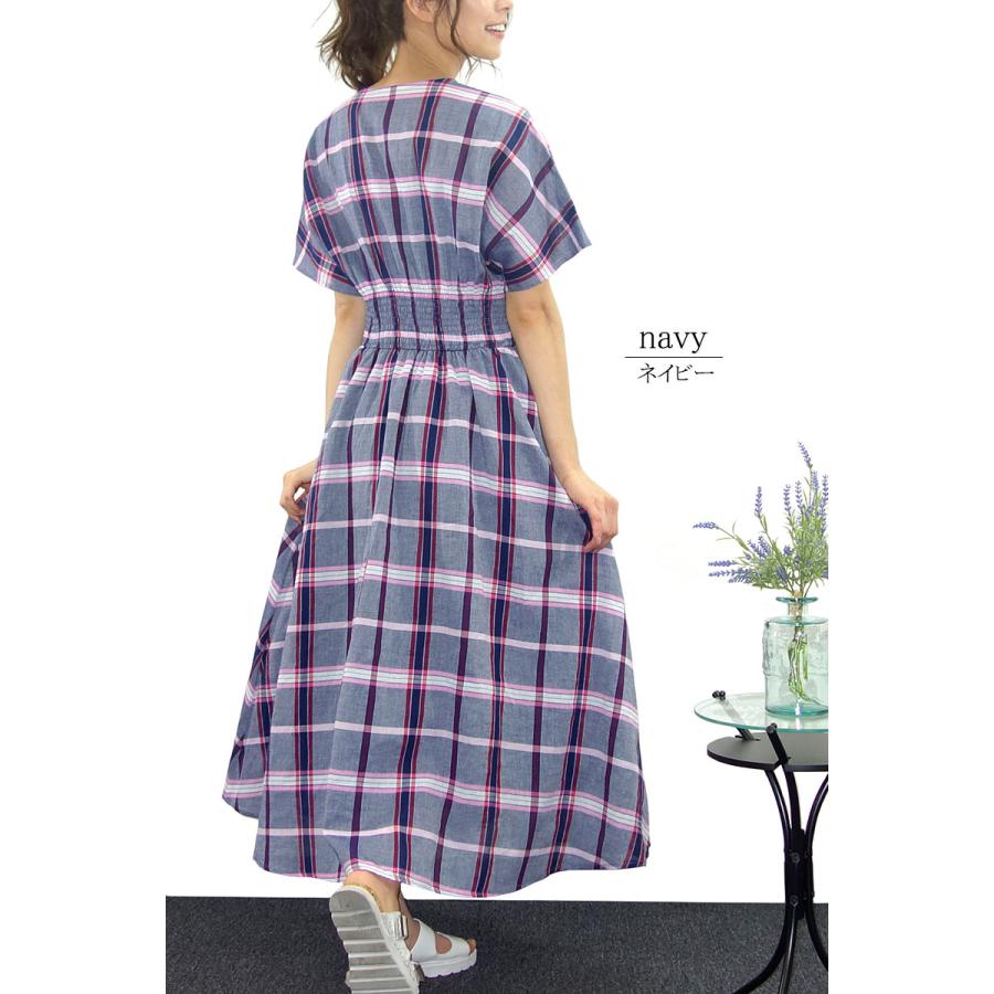 チェック ワンピース レディース ロング 半袖 カシュクール ドルマンスリーブ 上品 きれいめ 高見え dress |  | 02
