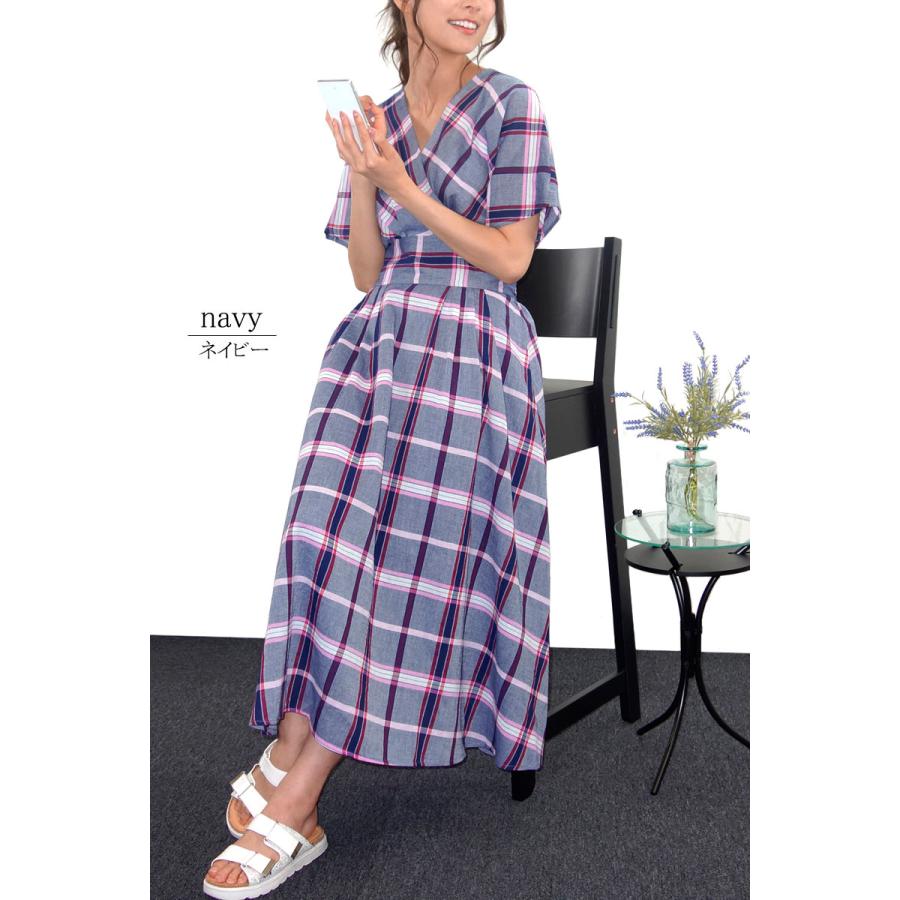 チェック ワンピース レディース ロング 半袖 カシュクール ドルマンスリーブ 上品 きれいめ 高見え dress |  | 04