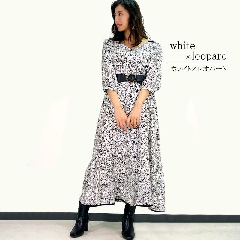 フレアーワンピース レディース ロング マキシ丈 シャーリング 小花柄 ヒョウ柄 クラシカル スタイルアップ モダン |  | 01