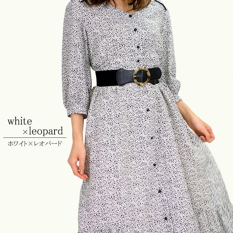 フレアーワンピース レディース ロング マキシ丈 シャーリング 小花柄 ヒョウ柄 クラシカル スタイルアップ モダン |  | 04