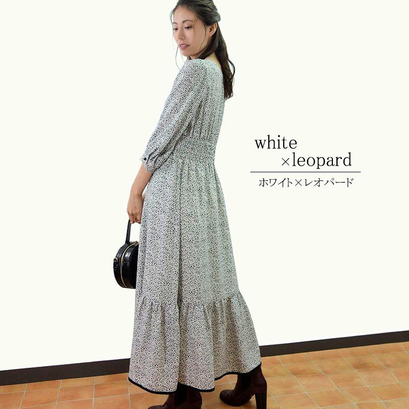 フレアーワンピース レディース ロング マキシ丈 シャーリング 小花柄 ヒョウ柄 クラシカル スタイルアップ モダン |  | 09