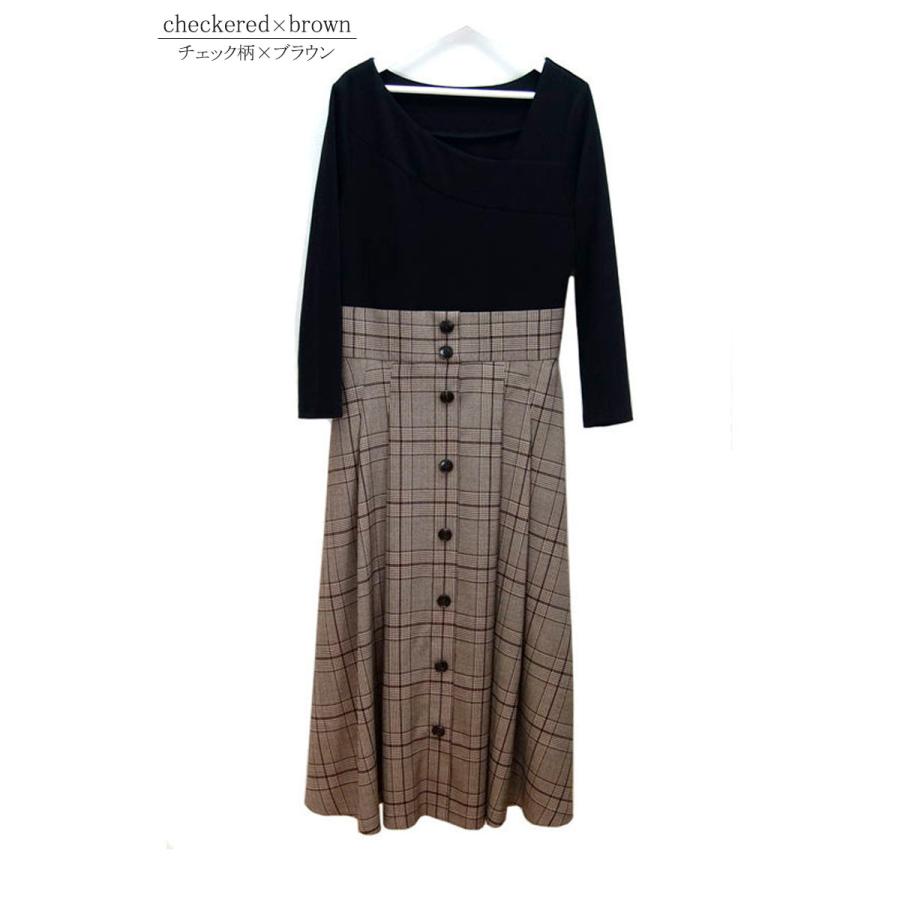 ドッキングワンピース レディース ロング アシメネック チェック デコルテ ハイウエスト カットソー 異素材 高見え |  | 14