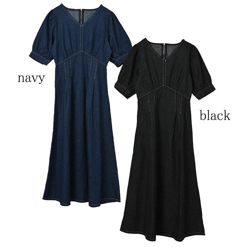 デニム ロングワンピース 半袖 レディース きれいめ ウエストタック 上品 大人 脚長効果 dress |  | 18