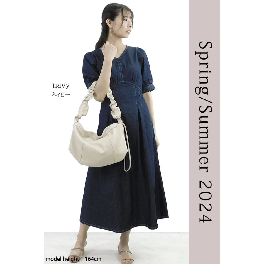 デニム ロングワンピース 半袖 レディース きれいめ ウエストタック 上品 大人 脚長効果 dress |  | 04
