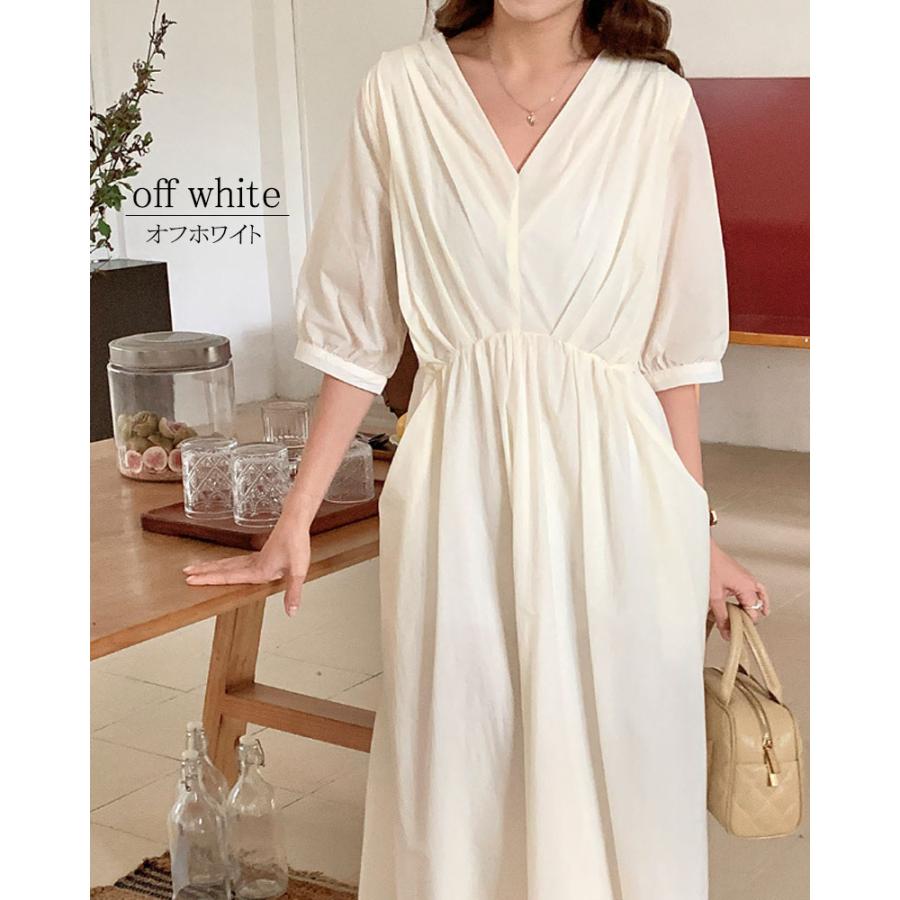 ワンピース 半袖 レディース ロングワンピース タック Vネック 着やせ 配色 きれいめ 旅行 脚長効果 dress |  | 01