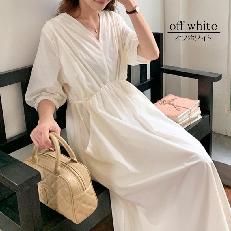 ワンピース 半袖 レディース ロングワンピース タック Vネック 着やせ 配色 きれいめ 旅行 脚長効果 dress |  | 02