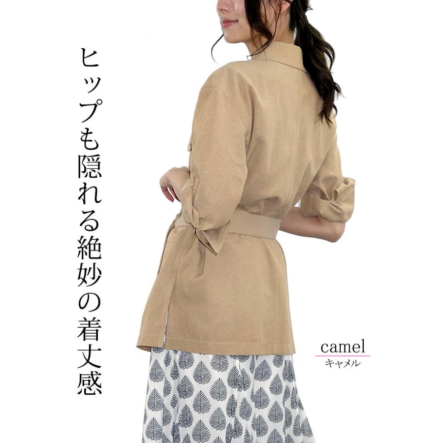 シャツジャケット 七分袖 レディース ワークシャツ ベルト付き リネンライク テーラード ミドル丈 上品 |  | 04