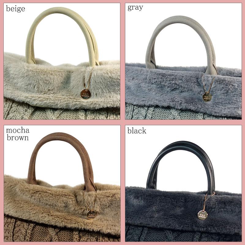 トートバッグ レディース ニット エコファー 小さめ 軽い ケーブル柄 アラン柄 ふわふわ 編地 配色 マグホック |  | 03