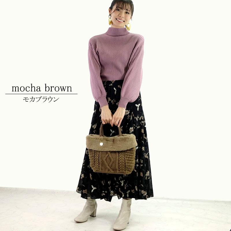 トートバッグ レディース ニット エコファー 小さめ 軽い ケーブル柄 アラン柄 ふわふわ 編地 配色 マグホック |  | 05