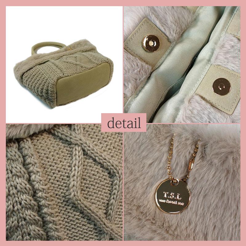 トートバッグ レディース ニット エコファー 小さめ 軽い ケーブル柄 アラン柄 ふわふわ 編地 配色 マグホック |  | 09