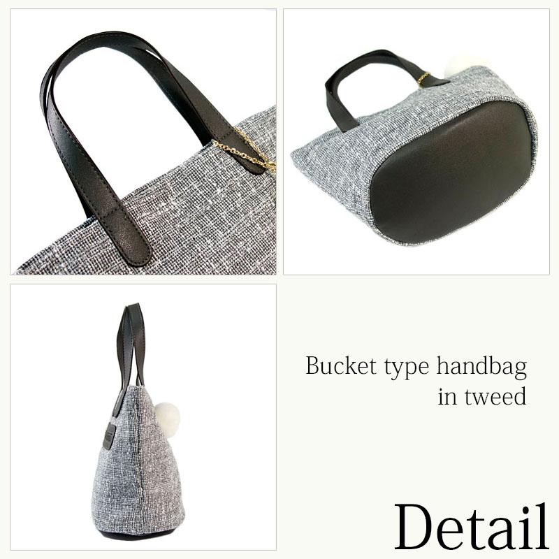 ハンドバッグ ツイード トートバッグ レディース バケツ型 手提げ 合成皮革 エコファーチャーム 軽量 きれいめ |  | 11