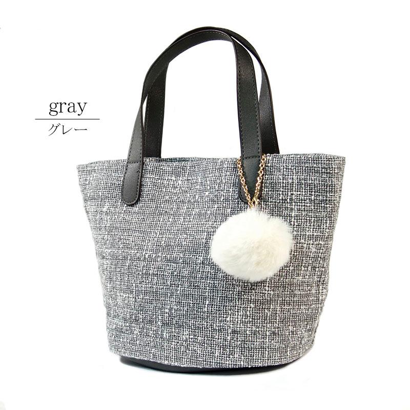 ハンドバッグ ツイード トートバッグ レディース バケツ型 手提げ 合成皮革 エコファーチャーム 軽量 きれいめ |  | 14