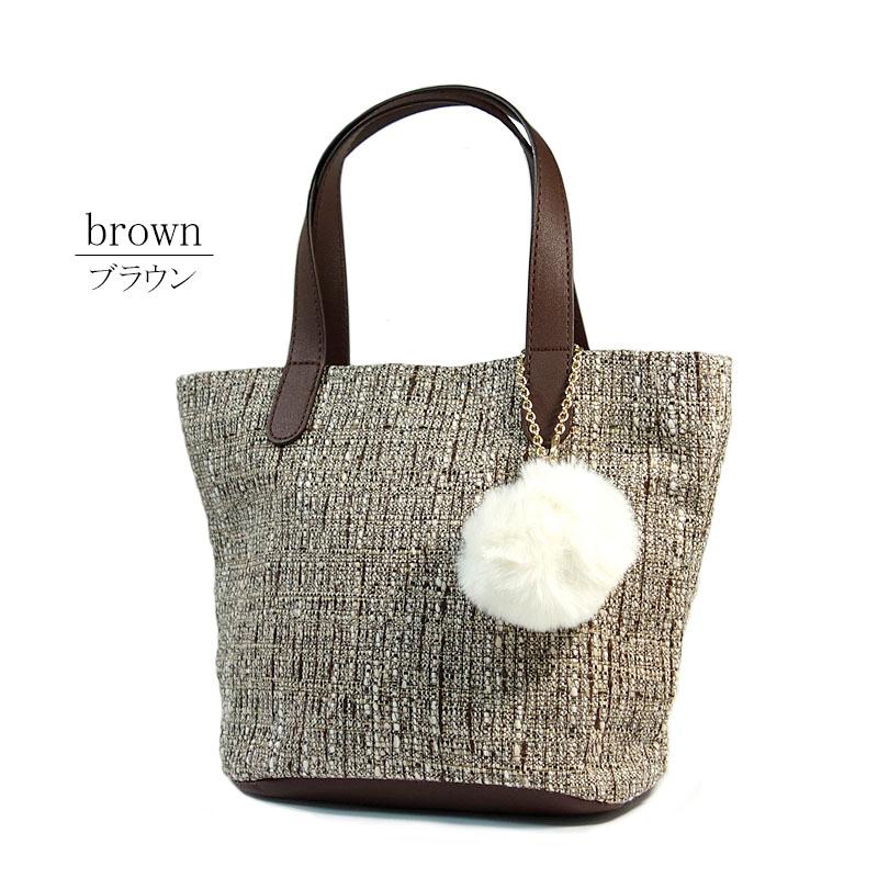 ハンドバッグ ツイード トートバッグ レディース バケツ型 手提げ 合成皮革 エコファーチャーム 軽量 きれいめ |  | 15
