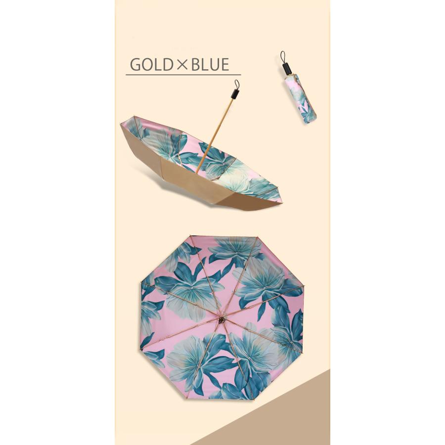 日傘 折りたたみ 晴雨兼用 完全遮光 レディース コンパクト 撥水 遮熱 デイリー ボタニカル柄 ゴールド 軽量 umbrella |  | 08