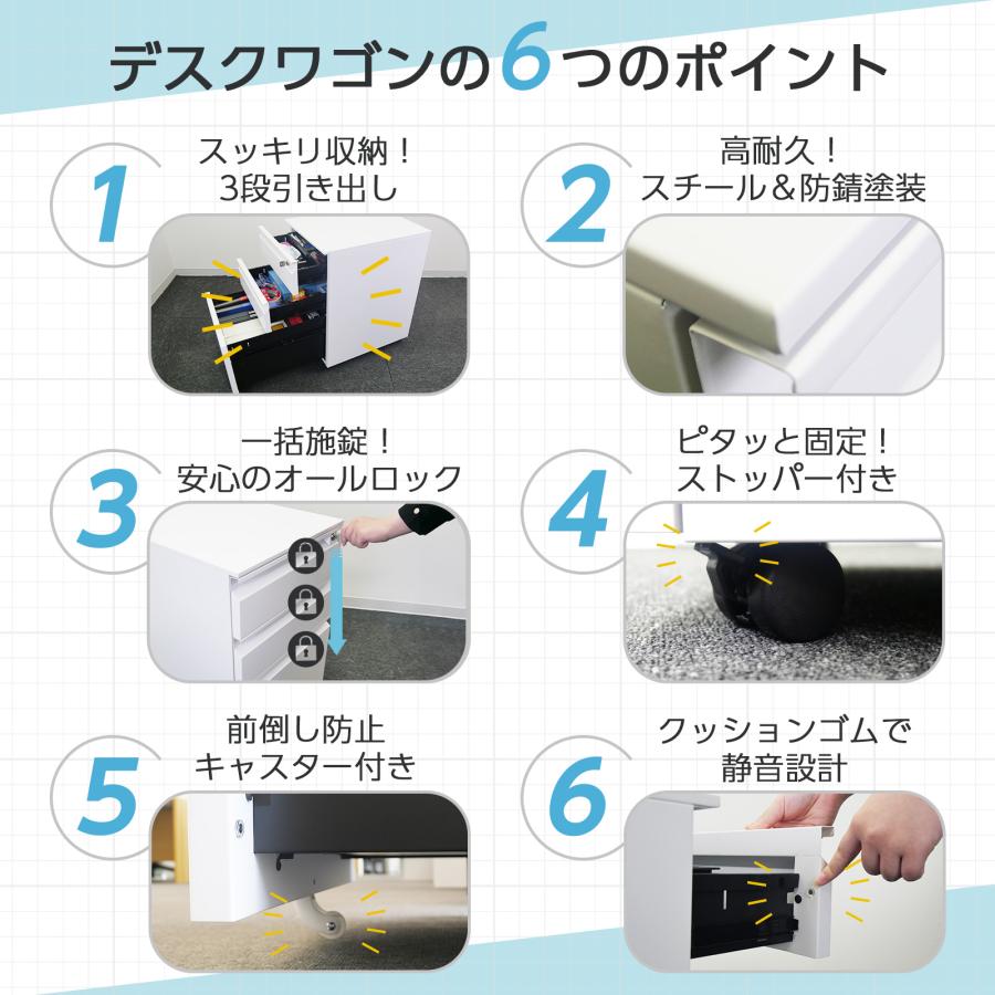 デスクワゴン サイドワゴン 鍵付き 完成品 3段 キャスター付き オフィスワゴン 書類 収納 ブラック ホワイト | ONE STEP | 04
