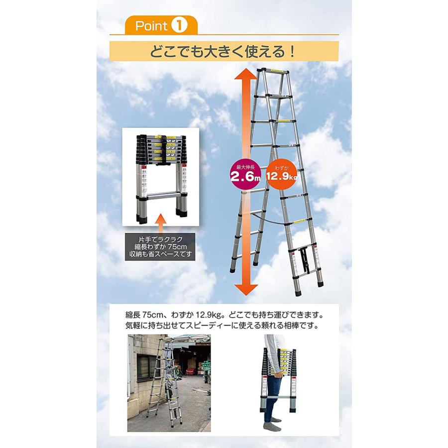 脚立 アルミ 9段 2.6m 伸縮 折りたたみ 踏み台 伸縮脚立 梯子 はしご スライド式 安全ロック 耐荷重150kg | ONE STEP | 02