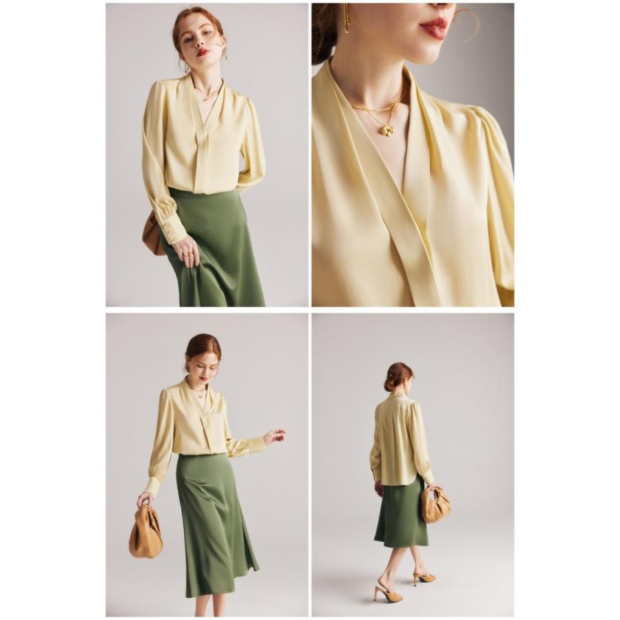 シルクシャツ 長袖 ブラウス 絹服 シャツ Vネック 長袖シャツ オシャレ