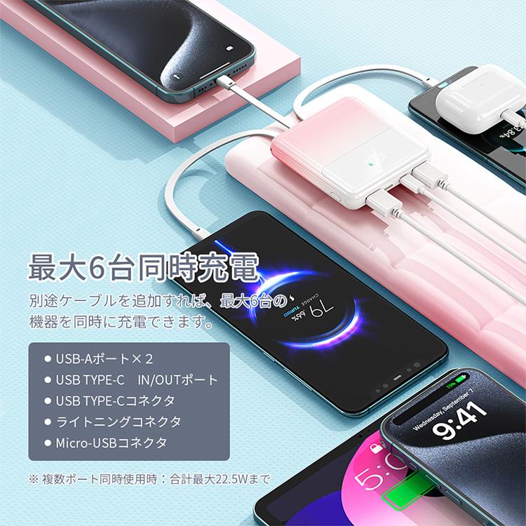 モバイルバッテリー 20000mAh 携帯充電器 4種のケーブル付属 残量目安