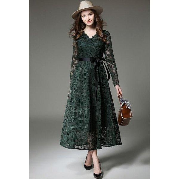 送料0円 ワンピースカシュクールロングワンピース二次会結婚式コーデ花柄レース結婚式パーティドレス緑グリーン ワンピース サイズ M